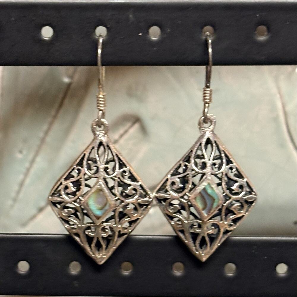 Sterling Silver and Abalone Earrings Hollow with Ornate Detailing Front & Back